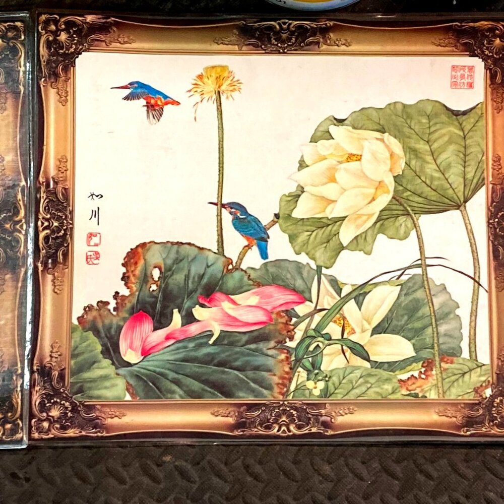 Vtg 4 Large Plastic Placemats Two Sided Asian Geisha Art Flowers Birds Signed